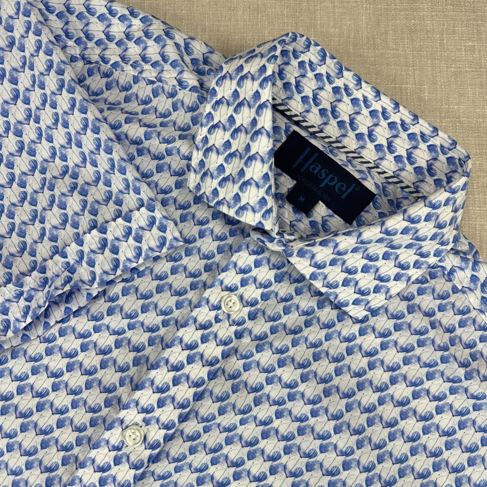 Haspel Button Down Shirt Mens M Blue White Balloon Print Short Sleeve Italy